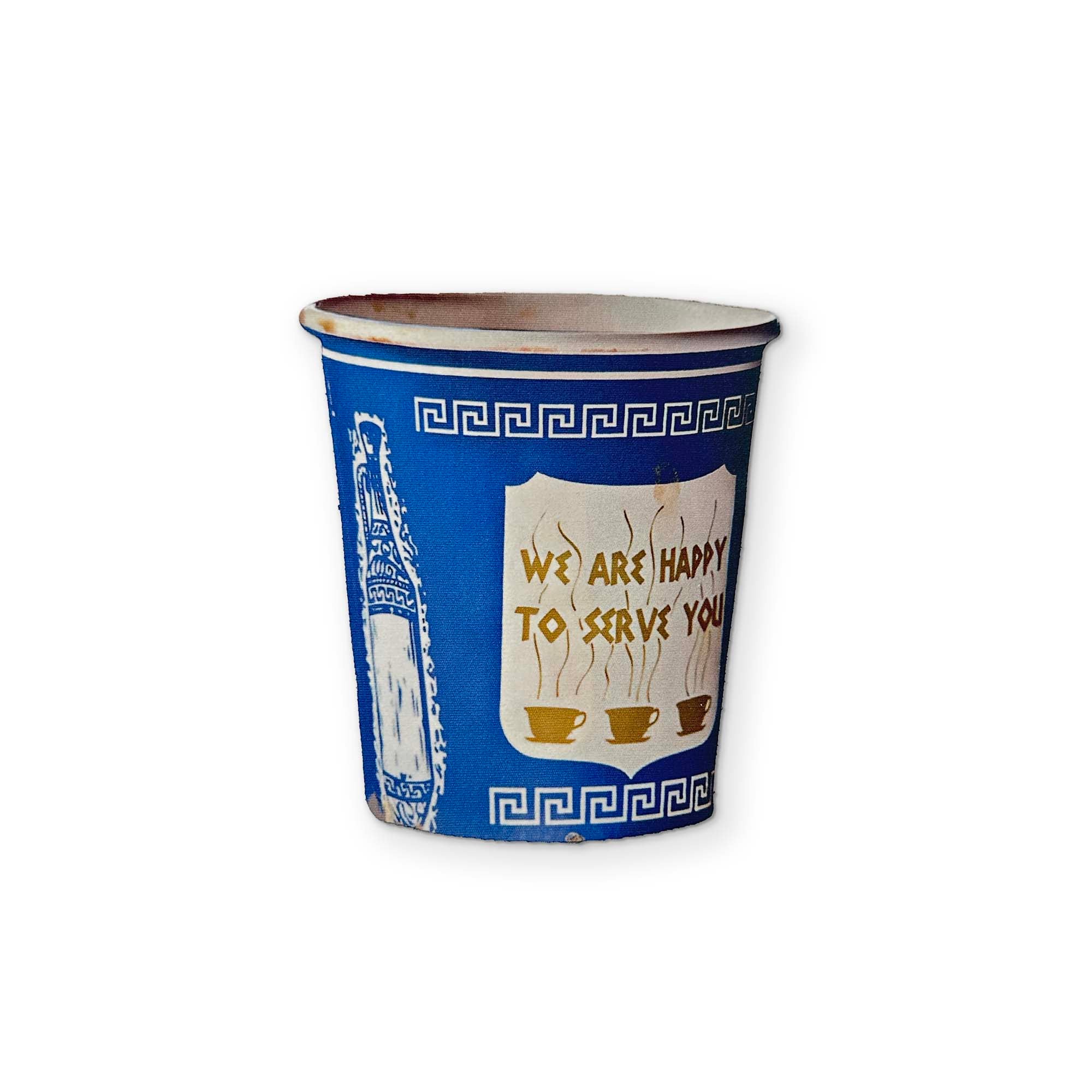 A BLUE BODEGA CUP YOU CAN CLEAN YOUR GLASSES WITH