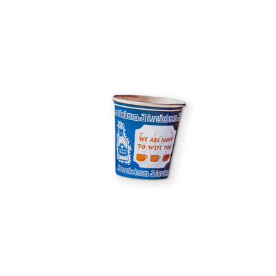 A BLUE BODEGA CUP YOU CAN CLEAN YOUR GLASSES WITH